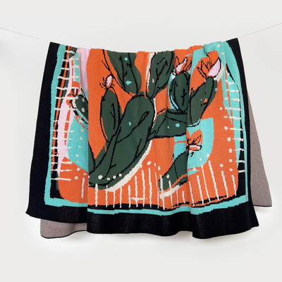 Abstract recylced cotton blanket of modern cactus with bright coral aqua black green and white colors, made in USA