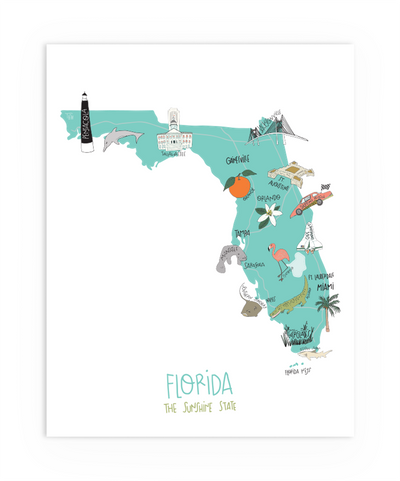Illustrated 8x10 print of Florida by Tuxberry & Whit, featuring vibrant depictions of Miami palm trees, Cape Canaveral, Jacksonville bridge, Pensacola lighthouse, race cars, and native wildlife like dolphins, manatees, sharks, and alligators.