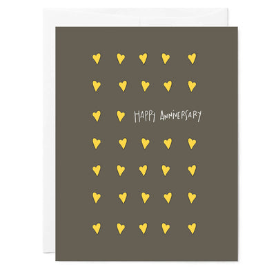 Hand illustrated greeting card by Tuxberry & Whit. Design of little yellow hearts and the text 'Happy Anniversary'