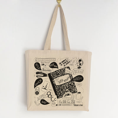 Eco-friendly teacher-themed tote bag with black composition notebook illustration that reads "Teaching is my Super Power." Features classroom items like number lines, protractor, ruler, phonics alphabet cards, notebook paper, and a globe. Ideal for carrying teacher supplies, lunches, and grading papers. A unique gift for teachers who deserve appreciation beyond traditional gifts like candles or gift cards.
