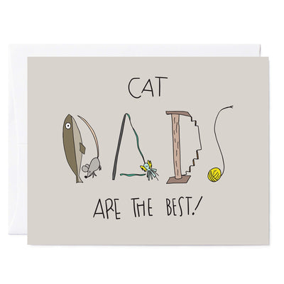 Illustrated greeting card for cat dad with toys spelling out dad, hand lettering reads 'Cat Dads are the best'
