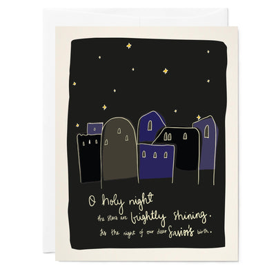 Illustrated holiday greeting card with drawing of Bethlehem, and starts and hand lettered text that reads 'O Holy Night' carol.