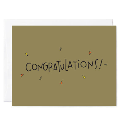 Illustrated green greeting card reads 'Congratulations'