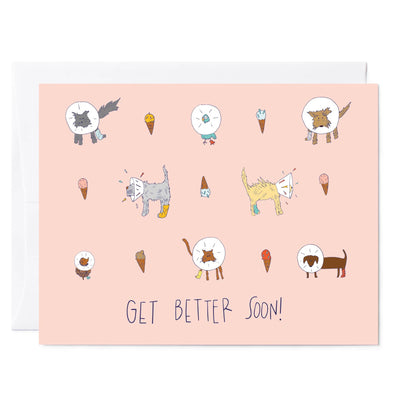 Illustrated greeting card of pets in cones and ice cream cones
