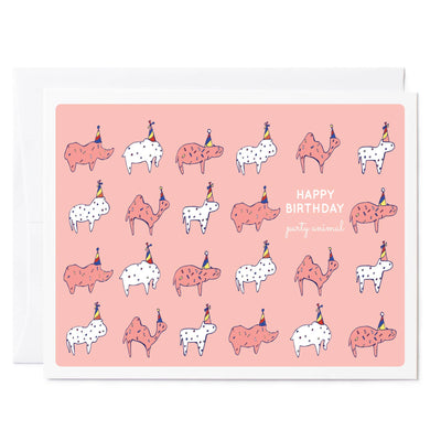 A pink birthday card with cute hand-drawn illustrations of frosted animal cookies, perfect for any party animal. Blank inside for personalized messages.