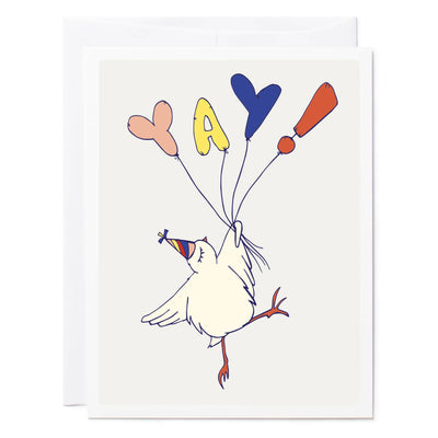 Fun and playful birthday card with a cute dancing chicken in a party hat holding three balloons that spell out "YAY".