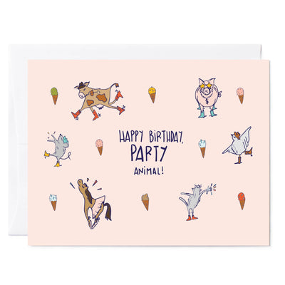 Barn Yard Birthday Card with Dancing Farm Animals and Ice Cream Cones
