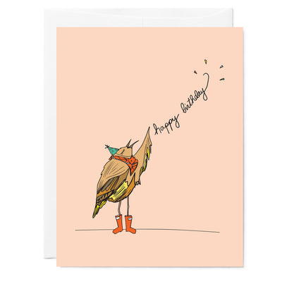 Birthday Bird Card - Hand-Illustrated design of a bird in red rain boots with cursive script hand lettering on a pink background