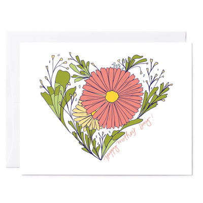 Illustrated greeting card floral heart reads 'Happy Mother's Day'