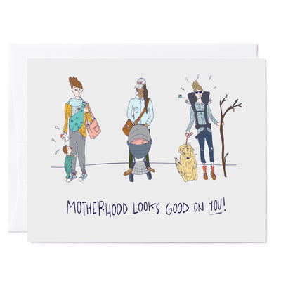 Illustrated greeting card of 3 new moms with babies