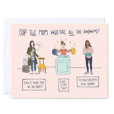 Illustrated greeting card with girls asking mom's advice on cooking, laundry, and storage