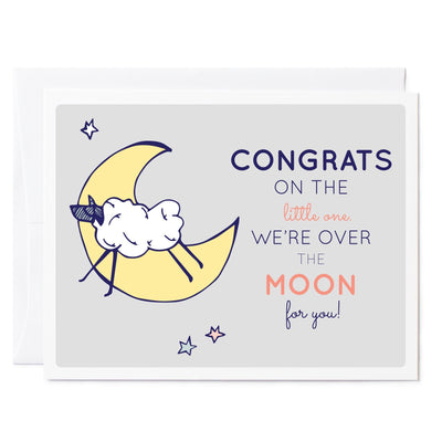 Illustrated greeting card new baby little lamb and moon 'Congrats on little one, we're over the moon for you'