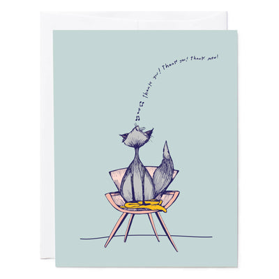 Illustrated greeting card of a cute cat singing "thank you thank you thank meow" while sitting on a mid-century modern chair.
