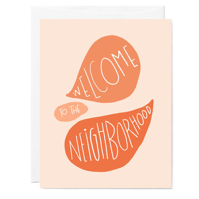 Hand illustrated greeting card with word bubbles in shades of pink that say "Welcome to the Neighborhood'