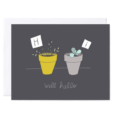 Illustrated greeting card two potted plants reads 'Hi There'