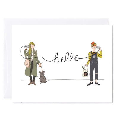 Illustrated greeting card with two girls talking with string cans reads 'hello'