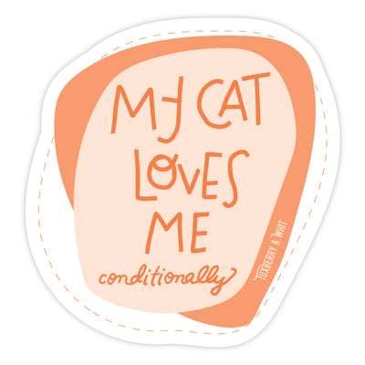 Pink sticker with the phrase "My Cat Loves (Sometimes)" in playful lettering.