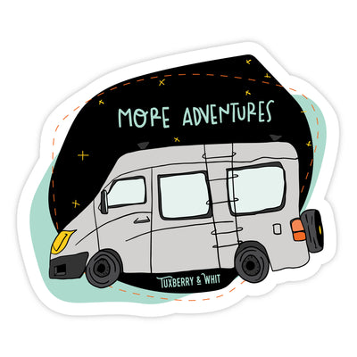Hand-illustrated Sprinter Van Adventure Sticker in grey with the words "More Adventures" in playful lettering by Tuxberry & Whit.