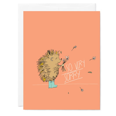 Illustrated greeting card with hedgehog with flowers reads 'So Very Sorry'