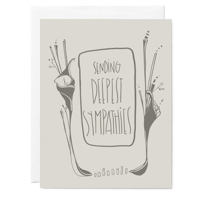 Illustrated greeting card reads 'Sending Deepest Sympathies' with floral design