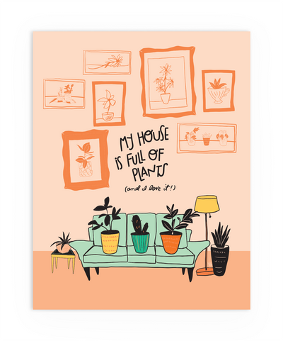 Illustration of modern living space with fun house plants. 