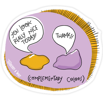 Sticker of two illustrated paint blobs labeled with complementary colors, smiling at each other, by Tuxberry & Whit