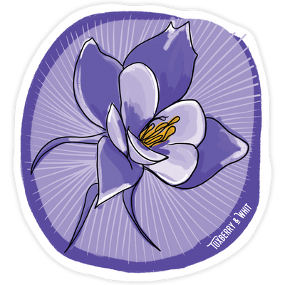 Vinyl sticker of a Columbine flower in soft blue and lavender tones, illustrated by Tuxberry & Whit