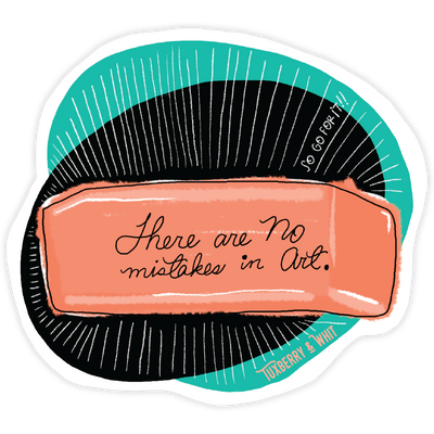 Sticker of a classic pink eraser with the phrase “no mistakes,” illustrated by Tuxberry & Whit