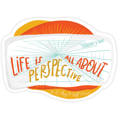 Vinyl sticker with hand-drawn text “Perspective” and geometric design by Tuxberry & Whit

