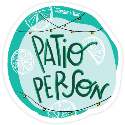 Sticker with the phrase “Patio Person” in hand lettering strung with twinkle lights, by Tuxberry & Whit