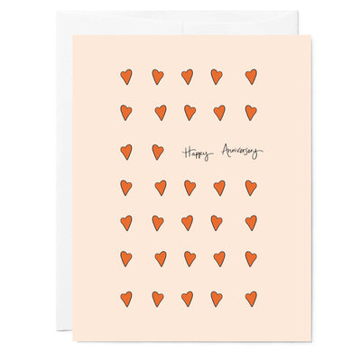 Hand illustrated greeting card by Tuxberry & Whit. Design includes red hearts with text "Happy Anniversary"