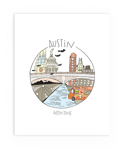 Illustrated art print of Austin, Texas.