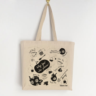 A tote bag featuring whimsical illustrations of tea bags, tea cups, and kettles