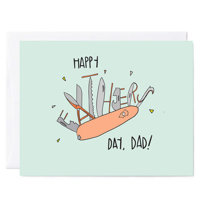 Illustrated greeting card swiss army knife tools spell out the letters for 'FATHER'S', hand lettered words read 'Happy Father's Day'.