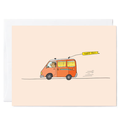  Illustration of a hedgehog driving a red van with a banner that reads "Thank You."