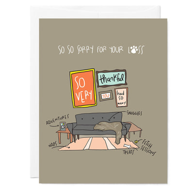 Illustrated greeting card of items around the house and a dog's favorite things, cuddling on the sofa, playing fetch with toys, photo frame with a photo of adventure, naps on a rug. Card reads 'So very thankful you had so many adventures, naps, snuggles, fetch sessions, So So sorry for your loss'