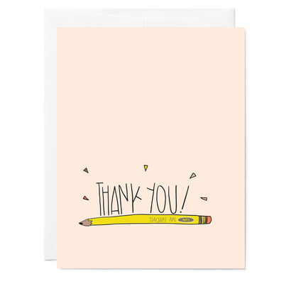 Illustrated pink teacher appreciation greeting card with drawing of number 2 pencil; hand lettered text reads 'Thank you! Teachers are no. 1'