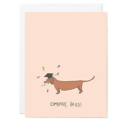 Illustrated graduation greeting card with a dachshund dog wearing a graduation cap holding a diploma, pink background, hand lettered 'Congrats Grad!'