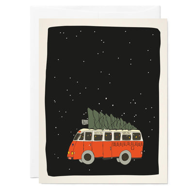 Illustrated holiday greeting card with drawing of red VW van carrying a Christmas tree on black background with falling snow.