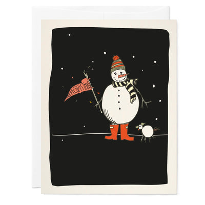 Illustrated holiday card featuring drawing of snowman with hat, rain boots, scarves, and flag that has hand lettered text that reads 'Merry Christmas' and a cute little snowdog.