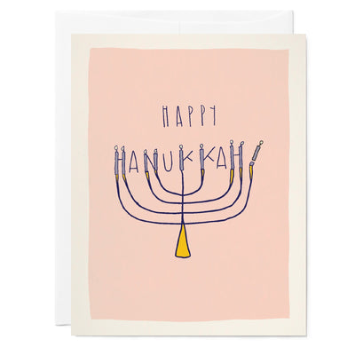 Illustrated holiday Hanukkah greeting card with pink background.