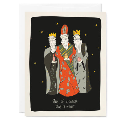 Illustrated greeting card featuring drawing of 3 kings- hand lettered text reads 'Star of wonder star of night'