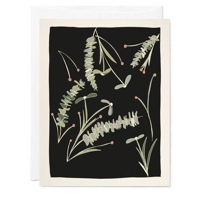 Illustrated floral holiday greeting card with drawings of mistletoe and holly, black background