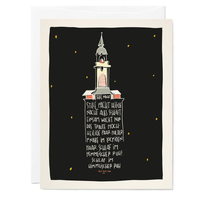 Illustrated holiday card of church with words to Silent Night carol in German