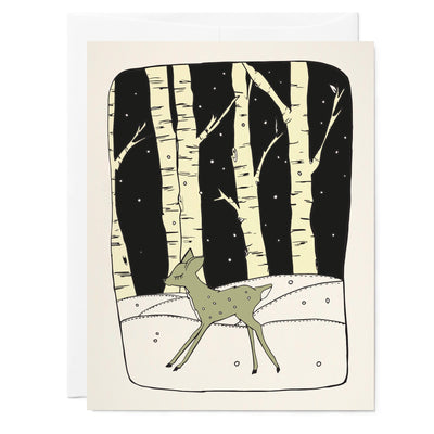 Illustrated holiday card with little deer in winter scene