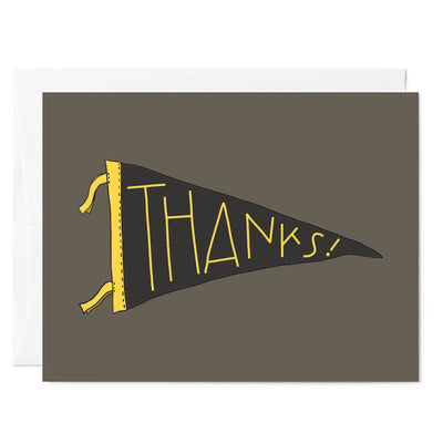 Hand-illustrated thank you card with dark and moody pennant design that says "thanks" on it. Neutral and modern design. From Tuxberry & Whit.