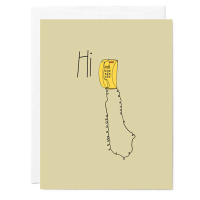 Illustrated greeting card includes handwritten "hi' next to a yellow landline phone.