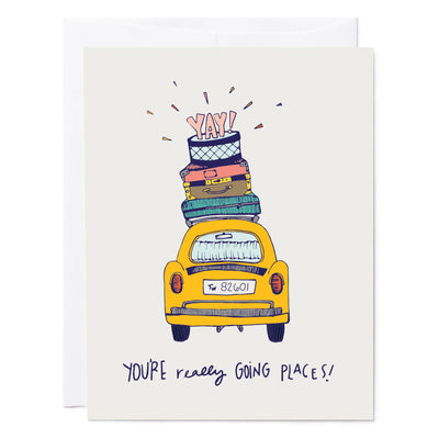 Illustrated greeting card congratulations card with VW car and luggage reads 'YAY, You're Really Going Places'