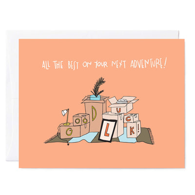 Hand illustrated greeting card with drawing of boxes and words that read Good Luck and All the best on your next adventure!