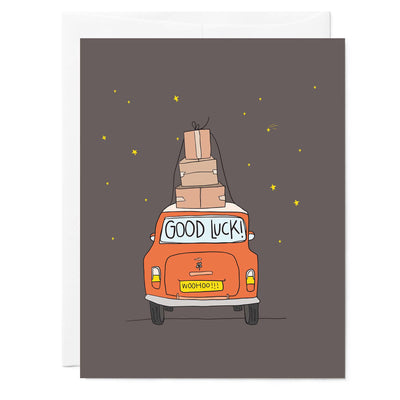 Hand illustrated greeting card of car with boxes on it and 'Good Luck' in hand lettering!